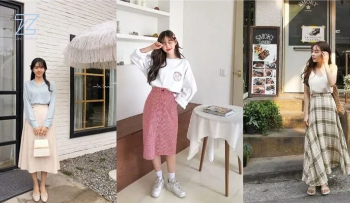 phối áo thun với chân váy dài