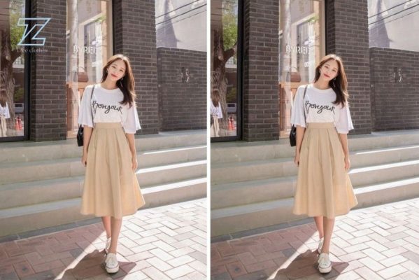 phối áo thun với chân váy dài