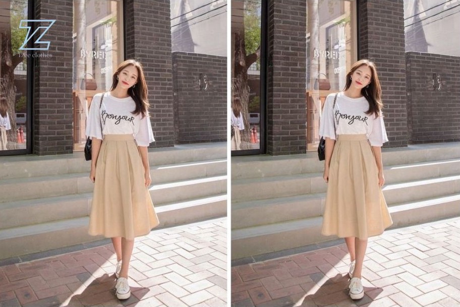 phối áo thun với chân váy dài