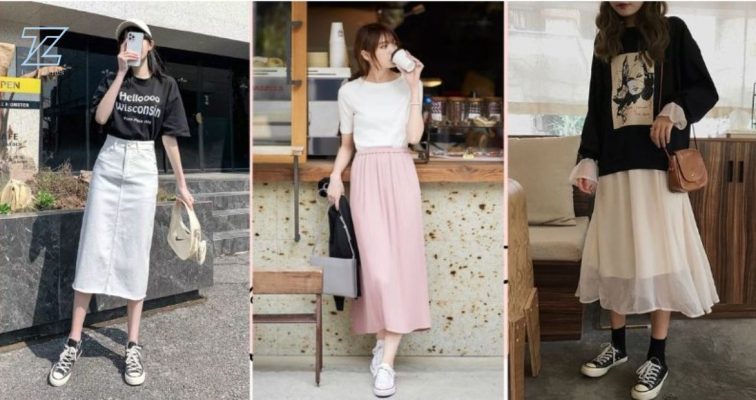 phối áo thun với chân váy dài